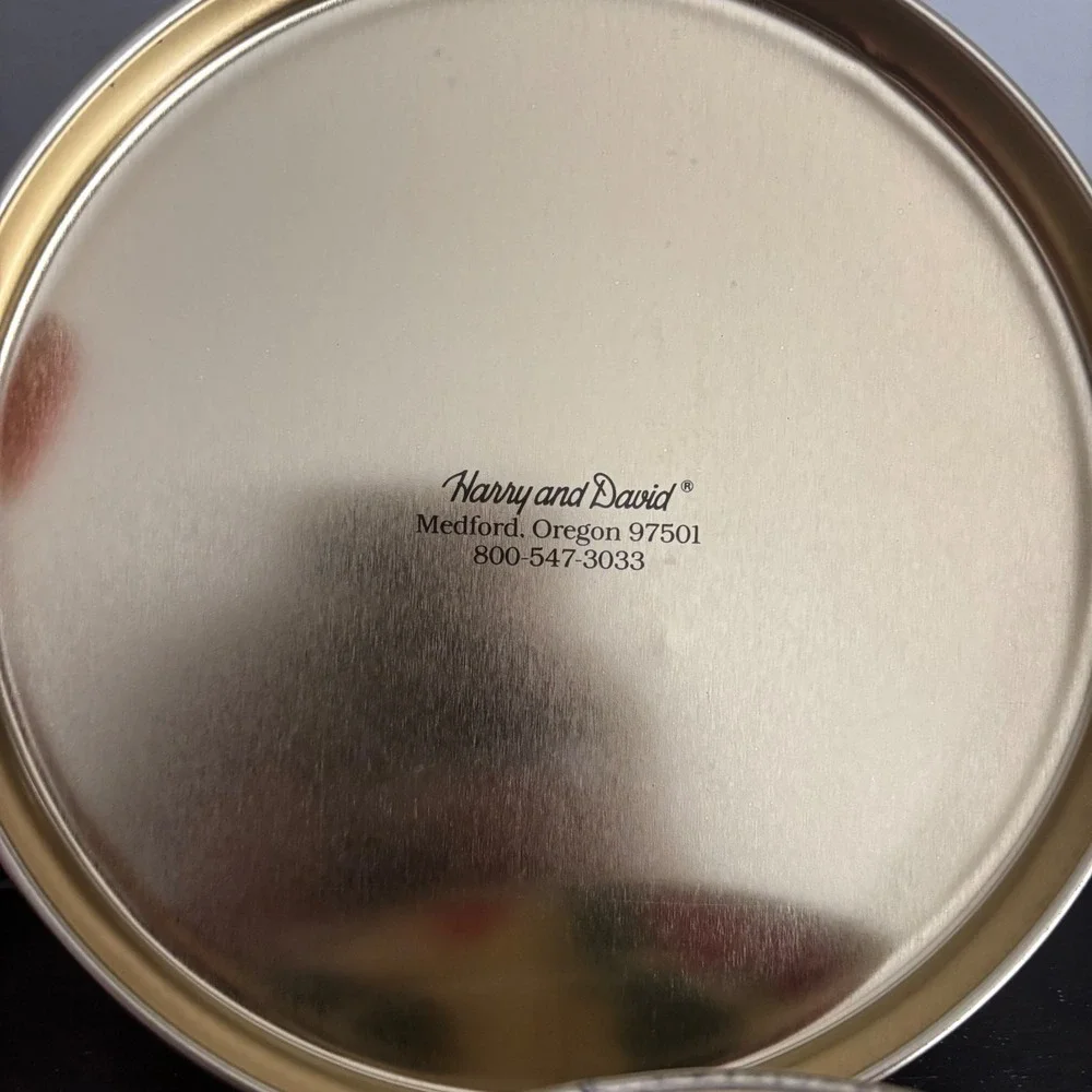 Harry and David Strawberry Print Round Gold Metal Decorative Storage Tin 6x2